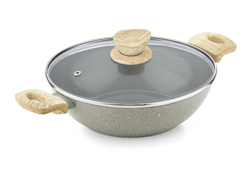 Bergner Naturally Ceramic Forged Aluminium 24cm Kadai with Glass Lid, 2.5 Liters Kadhai with Wooden Soft Touch Handles, Less Oil Use, Healthy and Durable Cookware, Induction Bottom and Gas Stove Ready